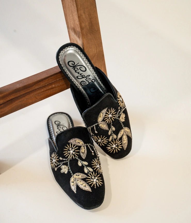 Velvet Bloom Embroidered Floral Slip - On Mules - Bella Blossom Boutique