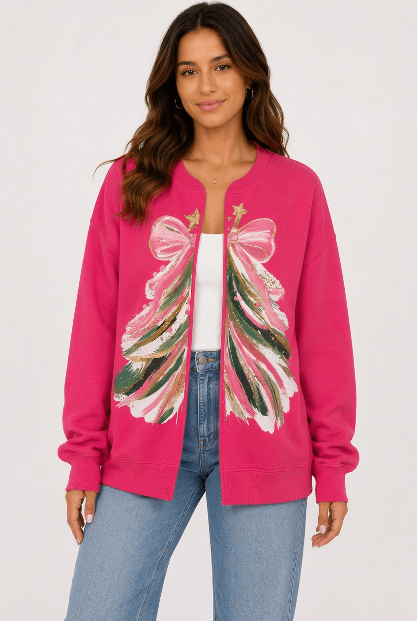 Vibrant Pink Christmas Tree Graphic Cardigan - Bella Blossom Boutique