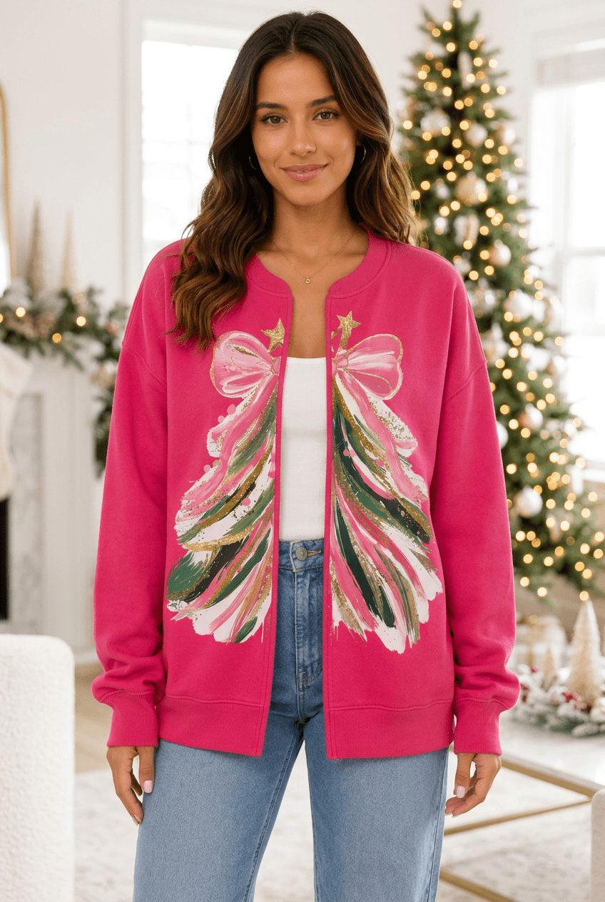 Vibrant Pink Christmas Tree Graphic Cardigan - Bella Blossom Boutique