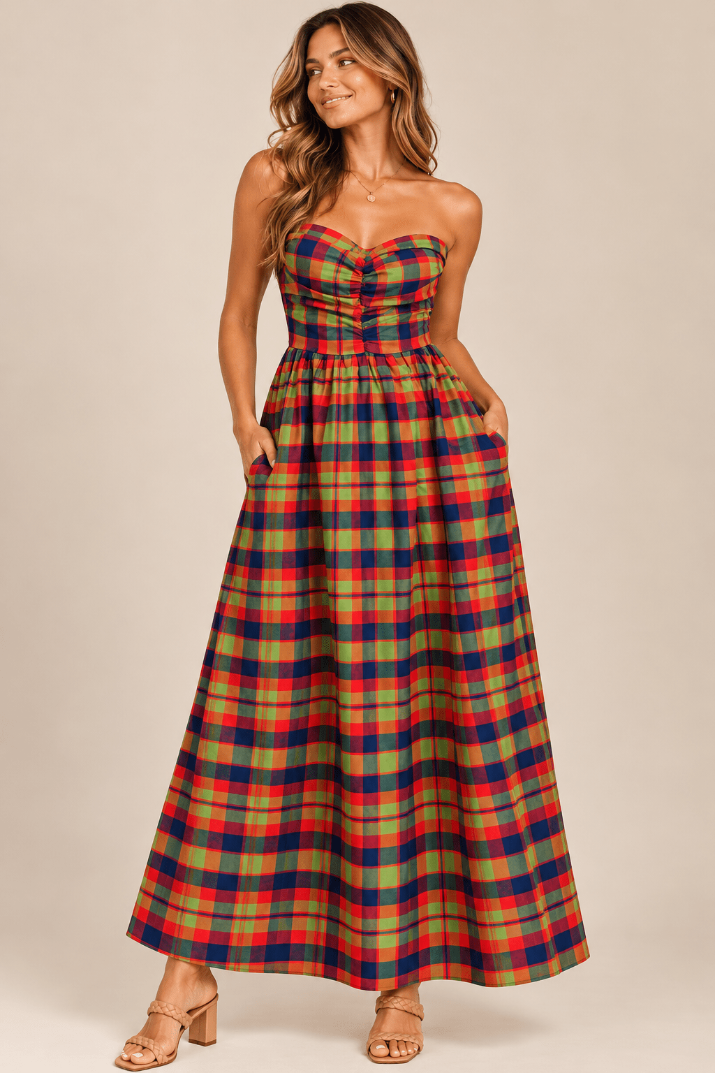 Vibrant Plaid Strapless Ruched Maxi Dress - Bella Blossom Boutique