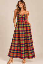 Vibrant Plaid Strapless Ruched Maxi Dress - Bella Blossom Boutique