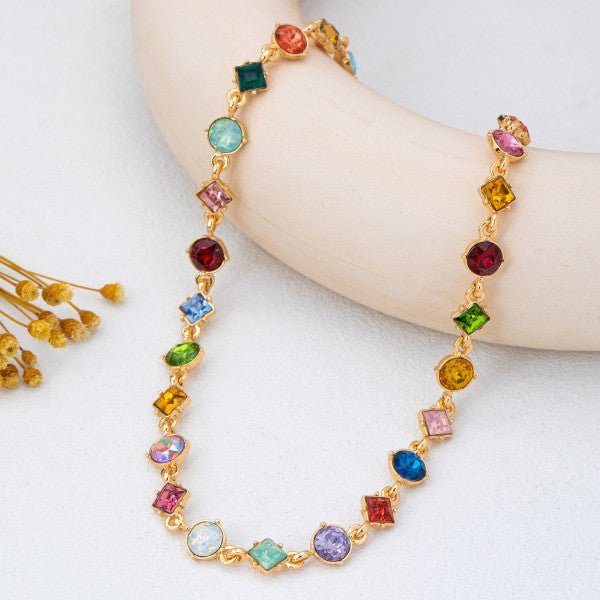 Vibrant Prism: Mixed-Shape Rainbow Crystal Station Necklace - Bella Blossom Boutique