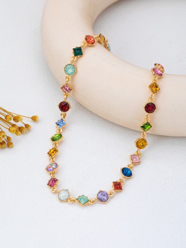 Vibrant Prism: Mixed-Shape Rainbow Crystal Station Necklace - Bella Blossom Boutique