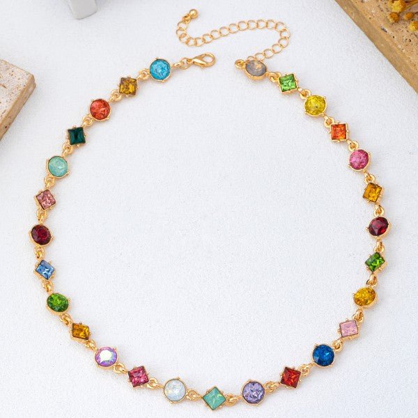 Vibrant Prism: Mixed-Shape Rainbow Crystal Station Necklace - Bella Blossom Boutique