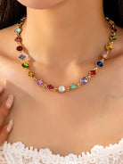Vibrant Prism: Mixed-Shape Rainbow Crystal Station Necklace - Bella Blossom Boutique