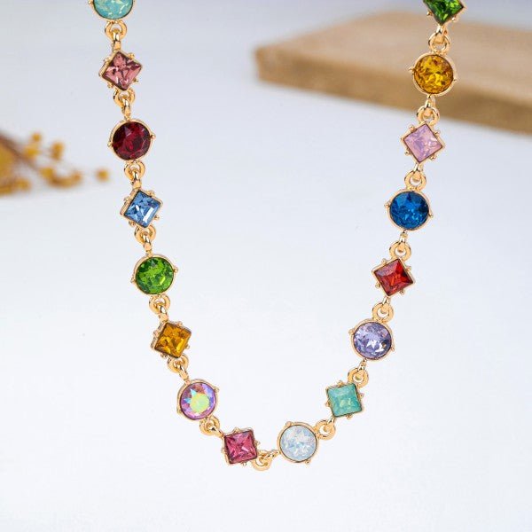 Vibrant Prism: Mixed-Shape Rainbow Crystal Station Necklace - Bella Blossom Boutique