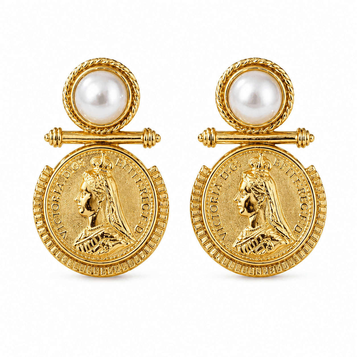 Victoria Regal English Coin & Pearl Drop Earrings | Waterproof Vintage Gold - Bella Blossom Boutique