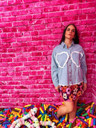 Vintage Heart Lace Denim Button - Down – Relaxed Fit Washed Top - Bella Blossom Boutique