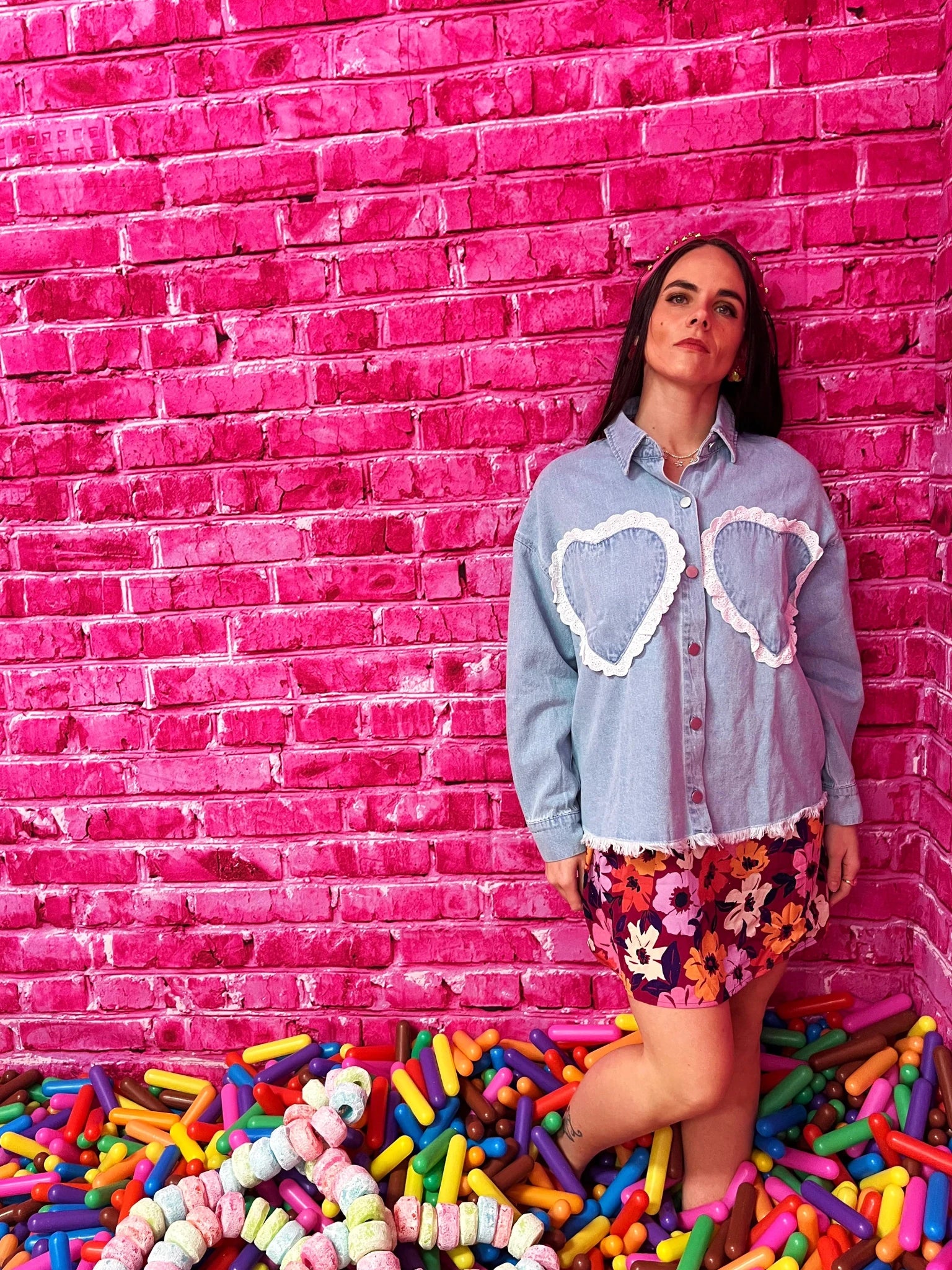 Vintage Heart Lace Denim Button - Down – Relaxed Fit Washed Top - Bella Blossom Boutique