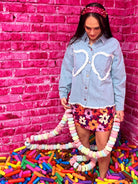 Vintage Heart Lace Denim Button - Down – Relaxed Fit Washed Top - Bella Blossom Boutique