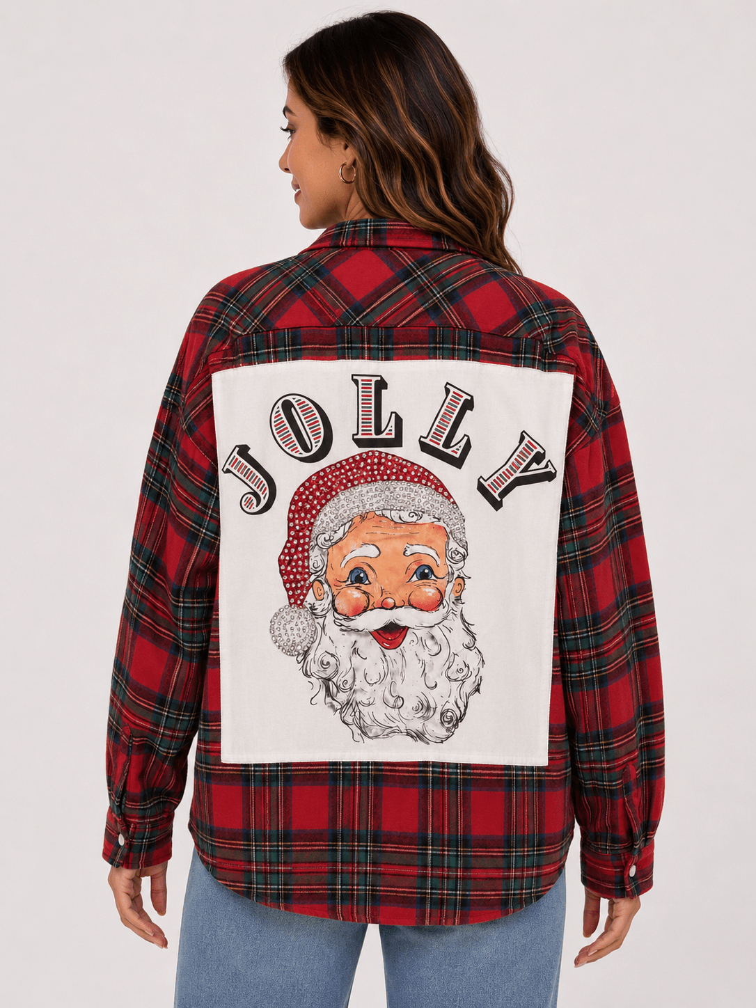 Vintage Jolly Santa Rhinestone Plaid Flannel Button-Up - Bella Blossom Boutique