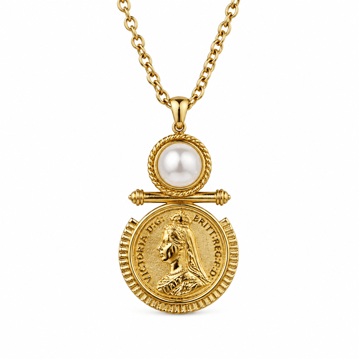 Vintage Queen Victoria Pearl Coin Necklace | Water - Resistant Gold Jewelry - Bella Blossom Boutique