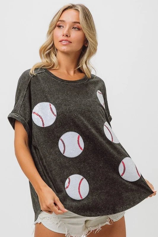 Vintage Sparkle: Sequin Baseball Washed Graphic Tee - Bella Blossom Boutique