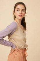 Vivid V - Neck Colorblock Knit Top | Chic Contrast Sleeve Sweater - Bella Blossom Boutique