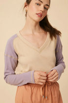 Vivid V - Neck Colorblock Knit Top | Chic Contrast Sleeve Sweater - Bella Blossom Boutique