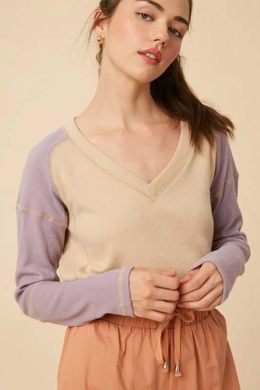 Vivid V - Neck Colorblock Knit Top | Chic Contrast Sleeve Sweater - Bella Blossom Boutique