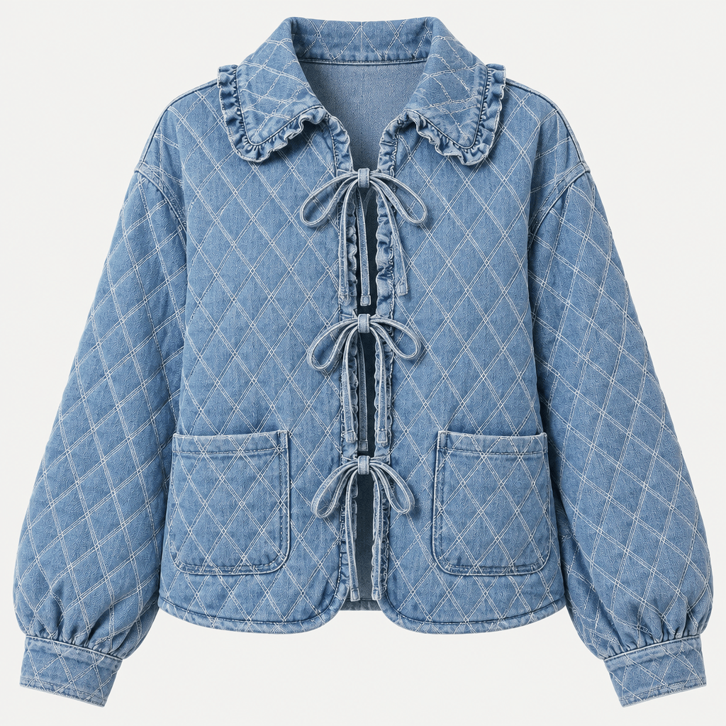Whimsical Ruffle Quilted Denim Tie-Front Jacket - Bella Blossom Boutique