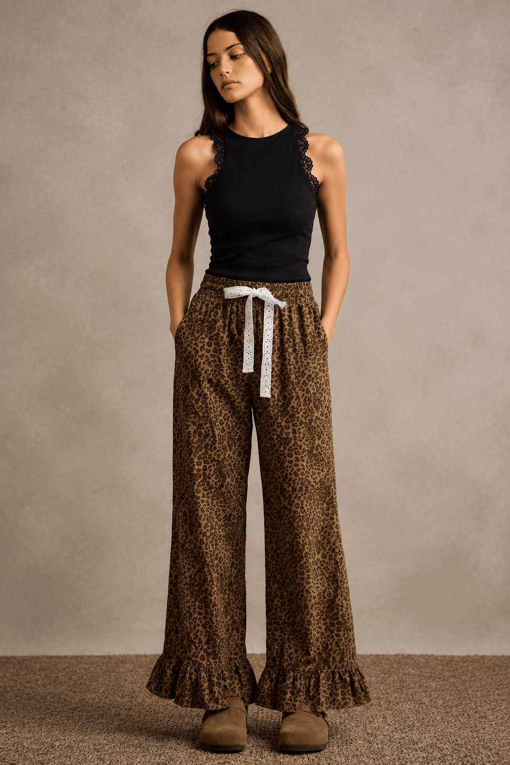 Wild Heart Leopard Ruffle Hem Wide-Leg Pants - Bella Blossom Boutique