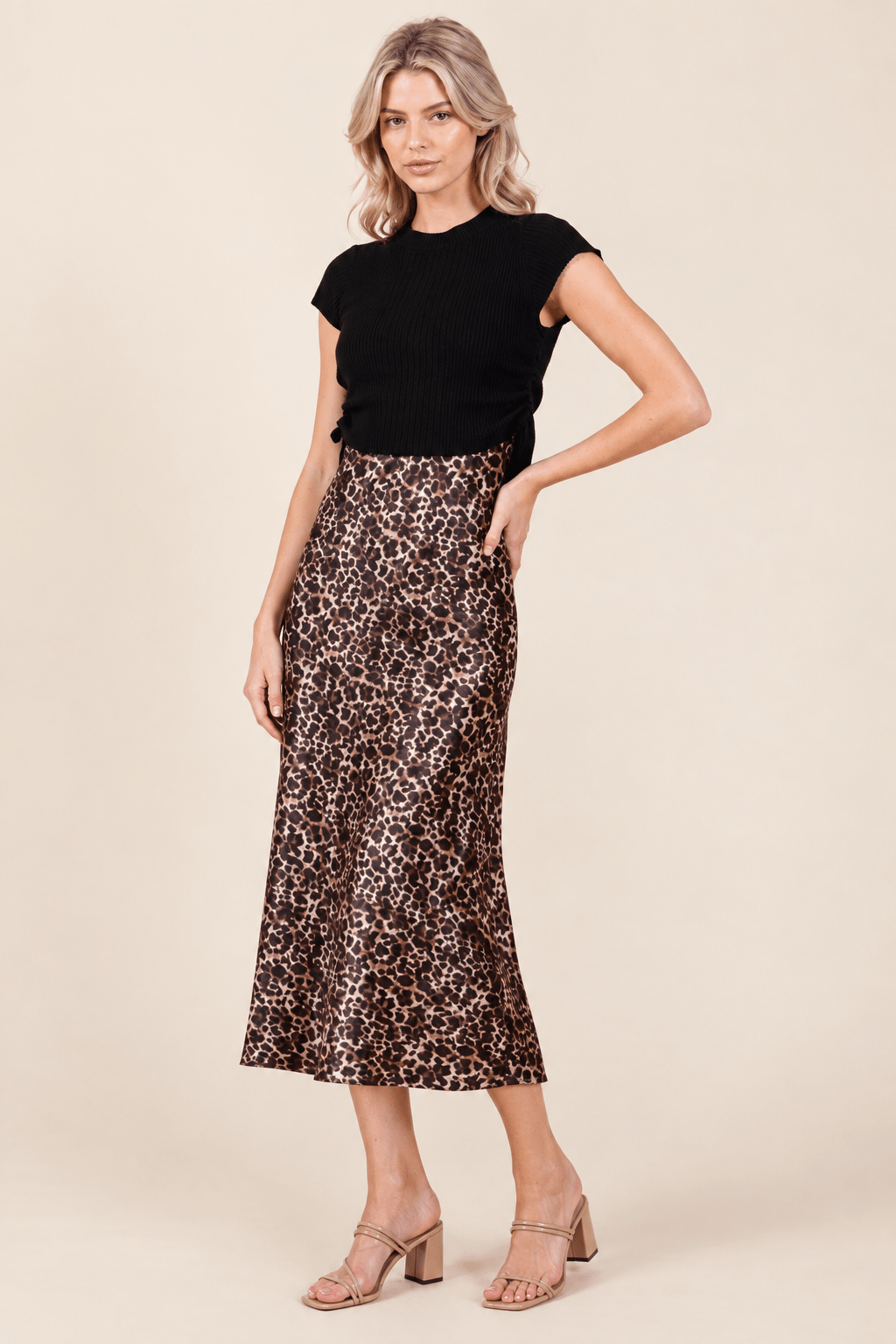Wild Side Leopard Print 2-Piece Satin Midi & Ribbed Knit Set - Bella Blossom Boutique
