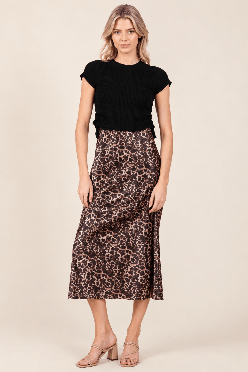 Wild Side Leopard Print 2-Piece Satin Midi & Ribbed Knit Set - Bella Blossom Boutique