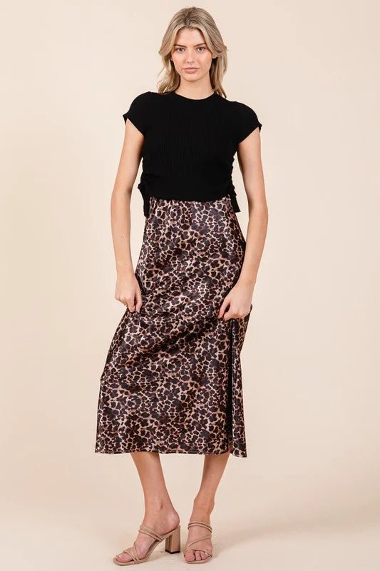 Wild Side Leopard Print 2 - Piece Satin Midi & Ribbed Knit Set - Bella Blossom Boutique