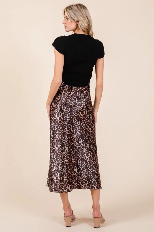Wild Side Leopard Print 2 - Piece Satin Midi & Ribbed Knit Set - Bella Blossom Boutique