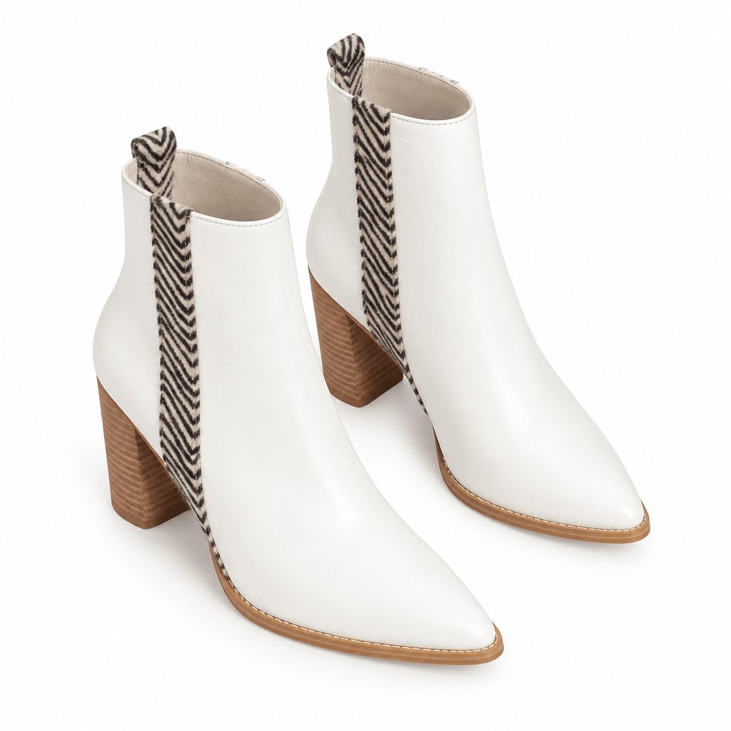 Wild Side: Zebra-Accent White Pointed-Toe Booties - Bella Blossom Boutique