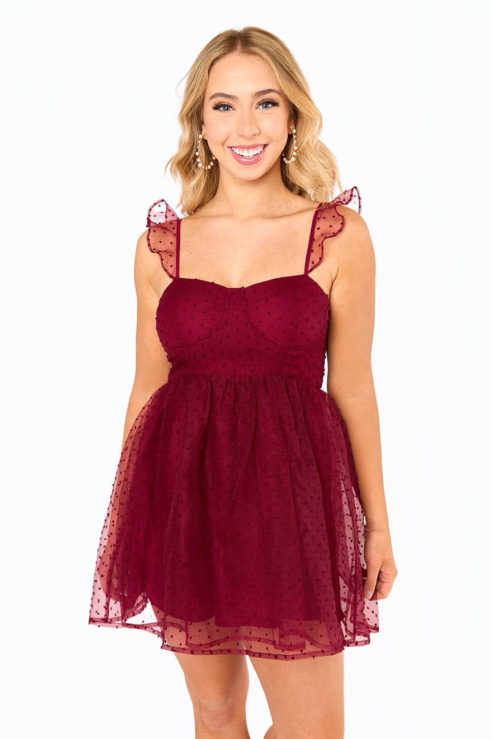 Wine Red Swiss Dot Lace Ruffle Mini Dress - Bella Blossom Boutique